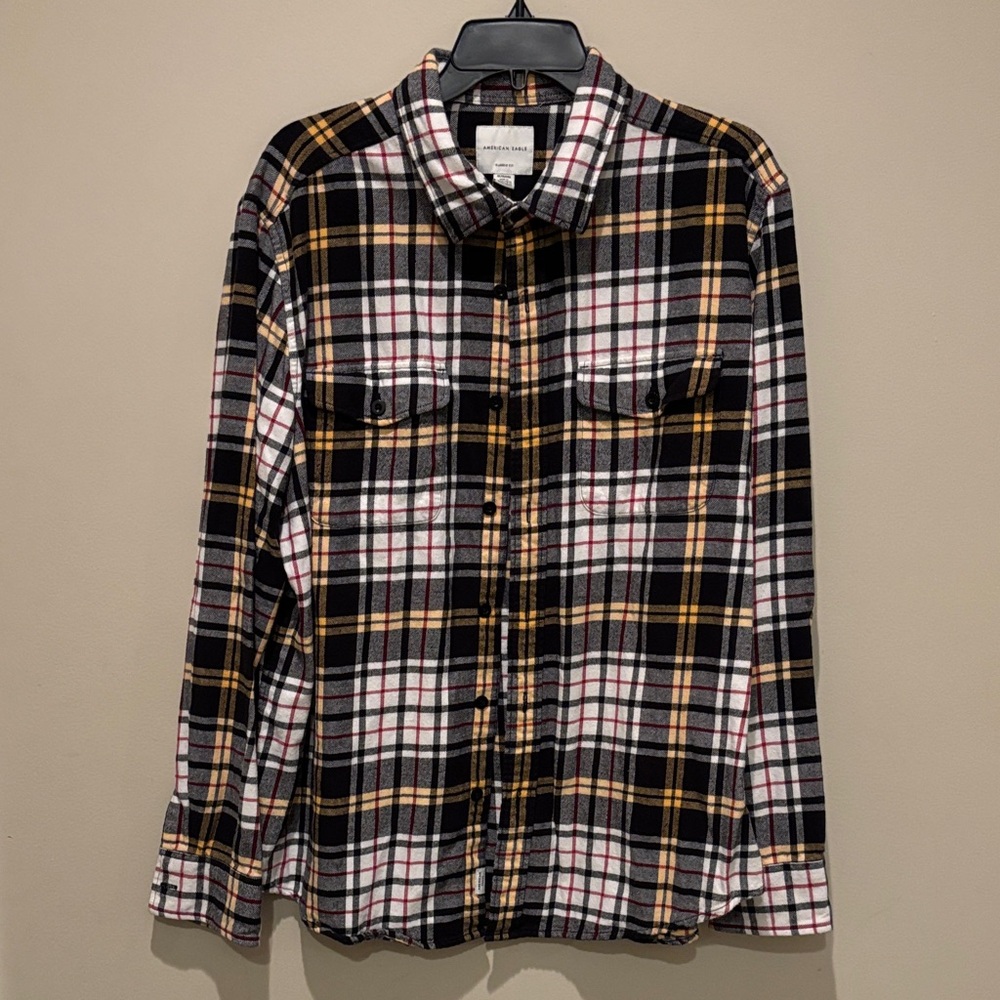 American Eagle Outfitters Black White and Yellow Plaid Button-Down Shirt